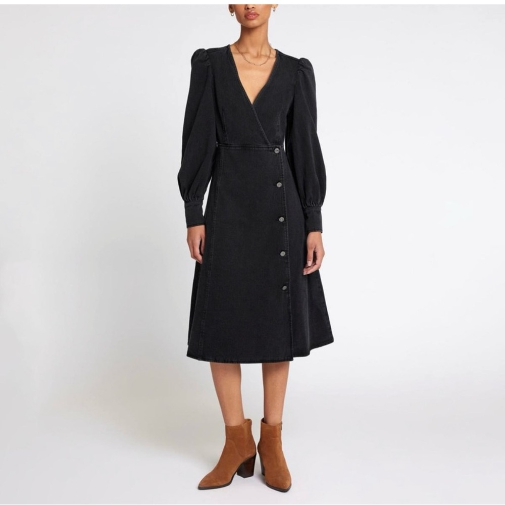 la joie Long Sleeve V-Neck Button Front Denim Wrap Dress in Black Size S as-is*